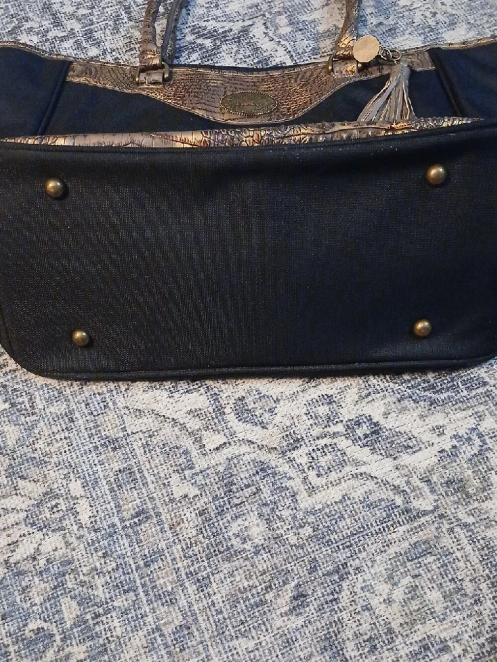 Reba Black Laptop Tote with Metallic Brown Faux-Croc Trim and Tassel
